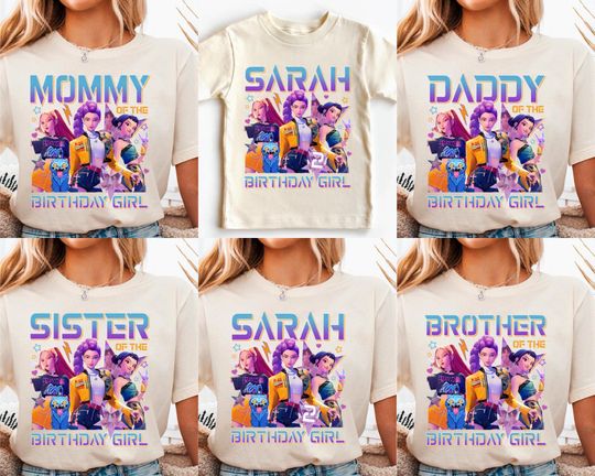 Discover Custom Huntrix Birthday Girl Comfort Color Shirt, Custom Family Birthday Shirt, Mira Rumi Joey Shirt, Kpop Demon Hunter Birthday Tee