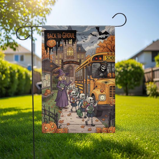 Discover Funny Skeleton School Bus Garden Flag: Spooky Halloween Decor