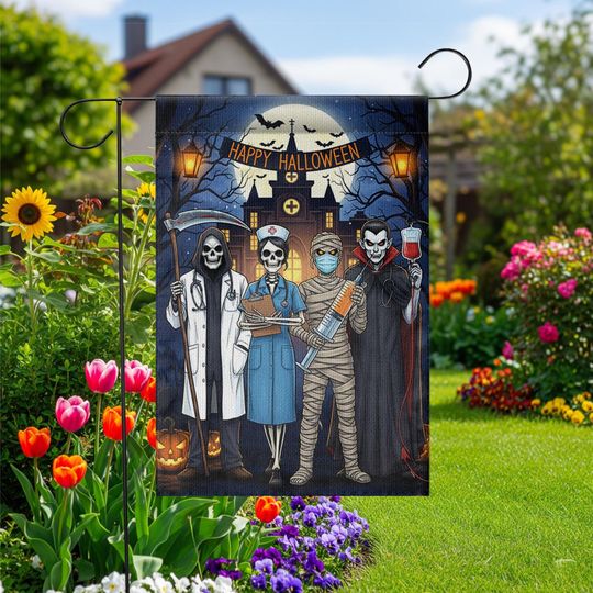 Discover Halloween Medical Garden Flag: Doctor Nurse Vampire Mummy Decor