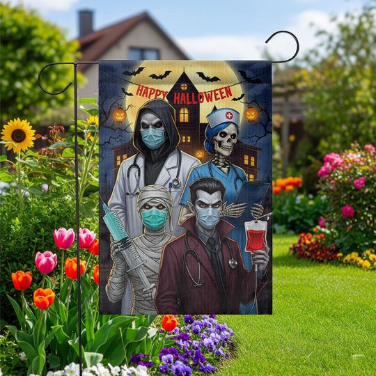 Discover Halloween Medical Garden Flag: Funny Vampire Doctor Nurse Yard Banner