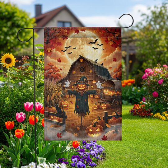 Discover Halloween Farmhouse Garden Flag: Scarecrow, Pumpkin, Barn Yard Decor