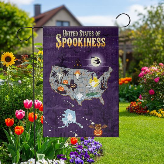 Discover Halloween Map Flag: United States of Spookiness - Haunted Garden Decor