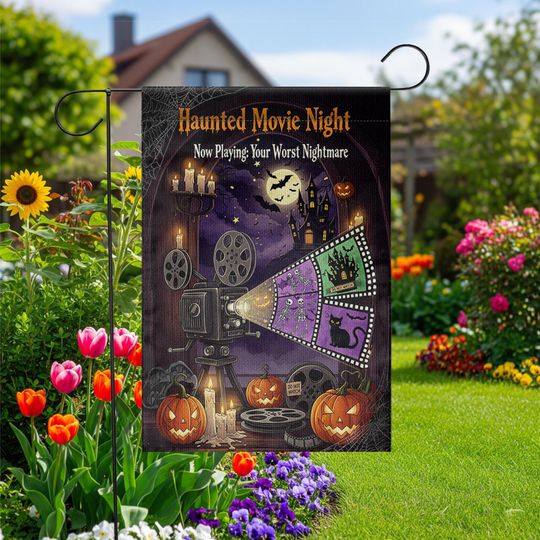 Discover Haunted Movie Night Garden Flag: Halloween Horror Decor, Spooky Film Projector - 12x18/28x40