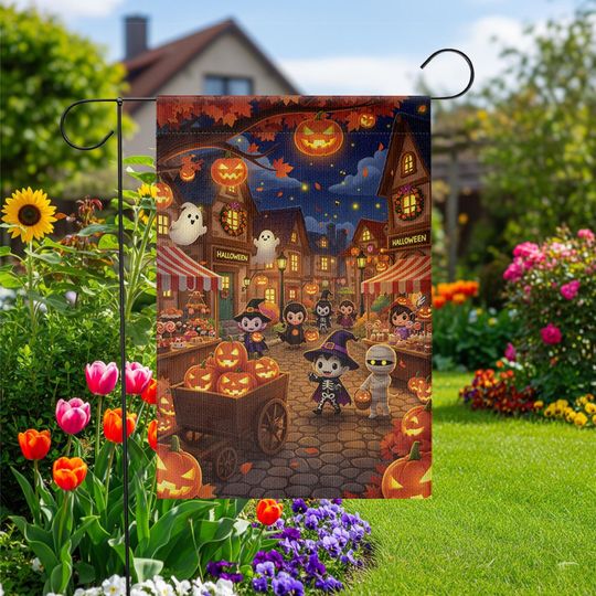 Discover Halloween Garden Flag: Trick or Treat Town, Spooky Pumpkin Design