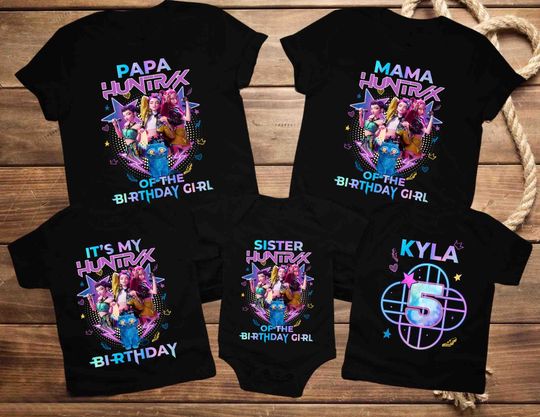 Discover Custom Huntrix Birthday Girl Shirt, Custom Family Birthday Shirt, Personalized Kpop Demon Hunter Birthday Tee, Birthday Gift for Huntrix Fan