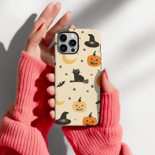 Discover Vintage Halloween Tough Phone Case: Cat, Pumpkins, Bats - Protective