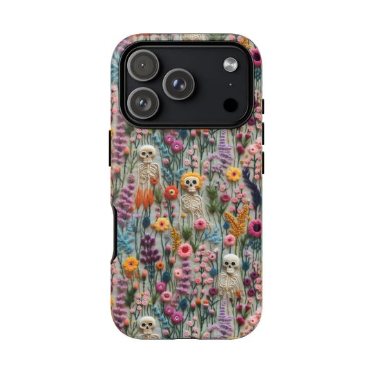 Discover Vintage Skeletons in Bloom Phone Case iPhone 17 16 Samsung Embroidered Floral Charm Phone Cover Halloween Cottagecore Halloween Phone Case