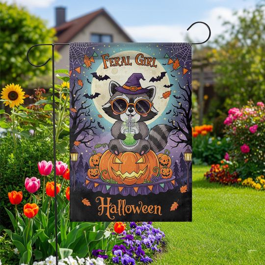 Feral Girl Halloween Garden Flag - Cute Witch Raccoon Fall Yard Decor