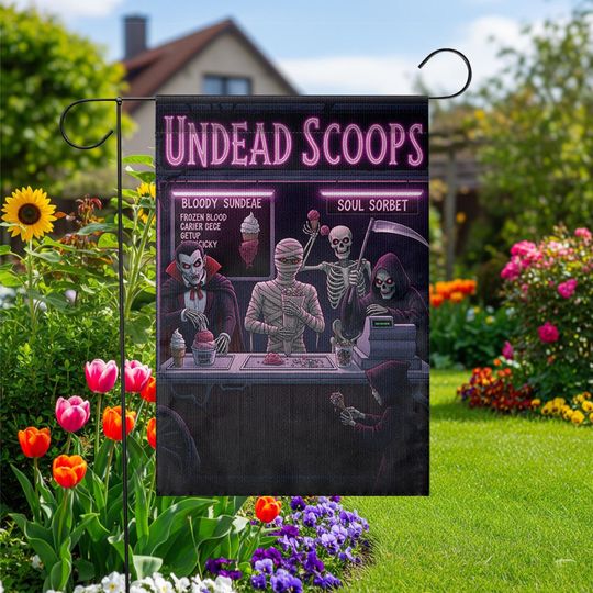 Discover Undead Scoops Garden Flag - Funny Halloween Ice Cream Yard Decor - Spooky Monster Banner