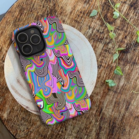 Discover Colorful Trippy Protective Phone Case For Apple iPhone 17 16e 15 14 Galaxy S25 Google Pixel 9 Tough Mobile Cover With Aesthetic Design