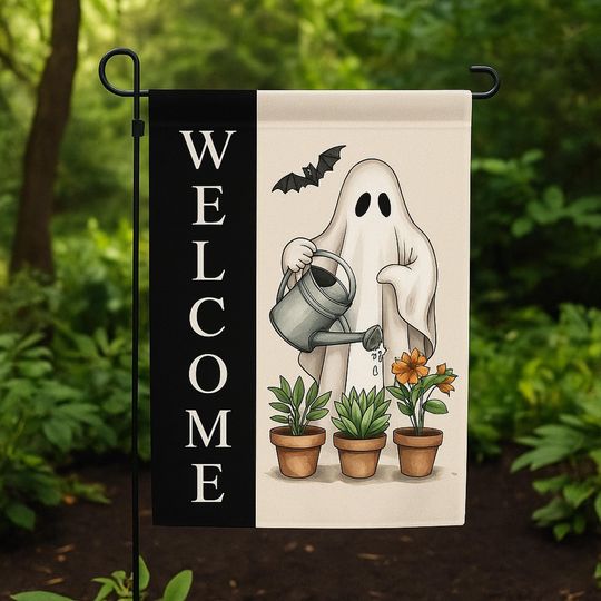 Discover Cute Ghost Garden Flag  Halloween Welcome Yard Sign  Fall Ghost Watering Plants Outdoor Decor  Spooky Funny House Flag