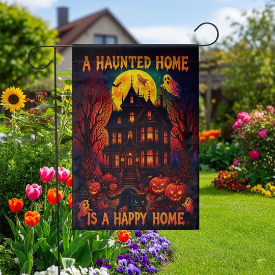Discover Haunted House Garden Flag  Halloween Yard Decor with Ghosts, Pumpkins & Black Cat