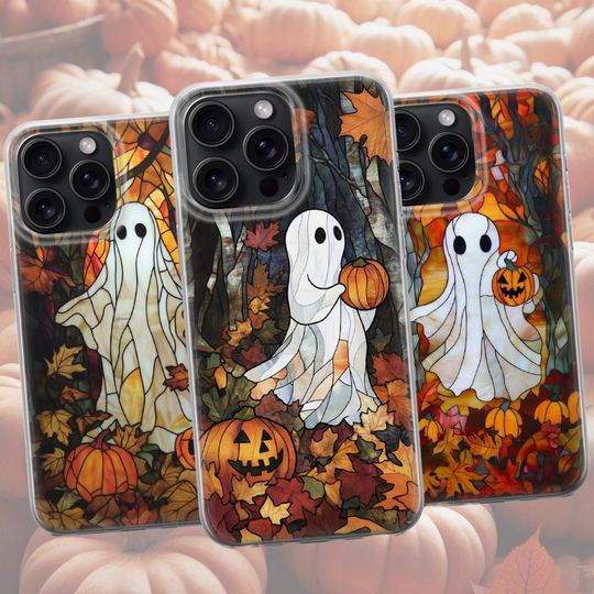 Fall Ghost and Pumpkin Phone Case Spooky Halloween Cover for iPhone 16, 15 Pro, 14, 13, 12 | Samsung S23, S24, A54 | Google Pixel 9, 8A, 7A