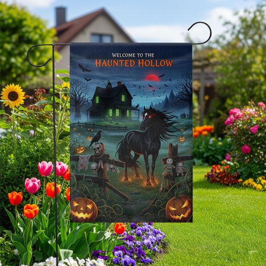 Discover Haunted Hollow Garden Flag: Spooky Halloween Decor with Black Horse