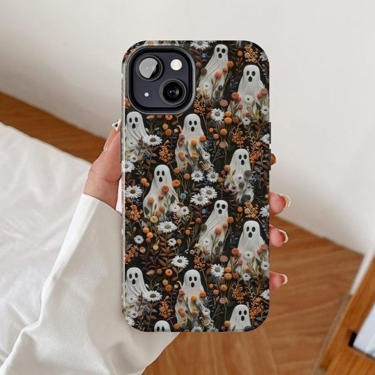 Discover Spooky ghost phone case, 3D clay embroidered effect, Halloween flower design, Floral embroidery art, Cute botanical, Garden flowers themed