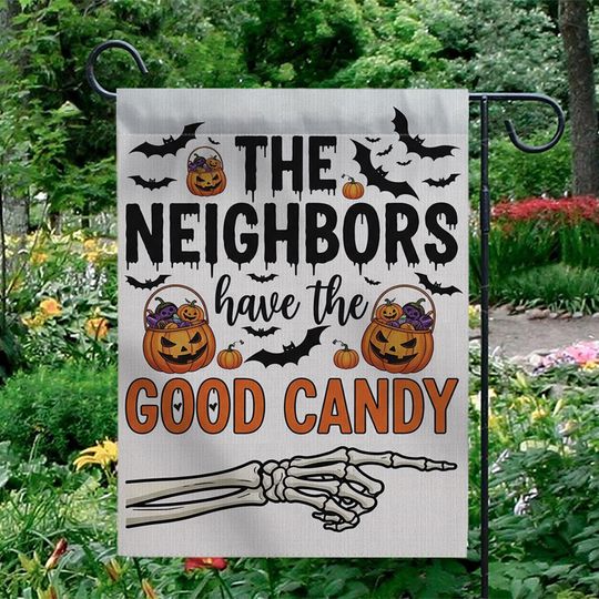 Discover Funny Halloween Garden Flag: "Good Candy" Skeleton Hand Decor