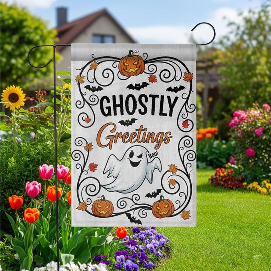 Ghostly Greetings Halloween Garden Flag  Cute Ghost Yard Decor with Pumpkins, Bats & Fall Leaves for Spooky Outdoor Decoration