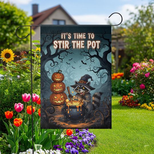 Discover Halloween Garden Flag: Witch Raccoon Stirring Cauldron - Spooky Fall Decor