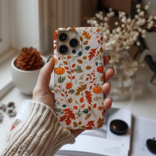 Discover Fall Autumn Leaves Pumpkins Cozy Halloween Embroidery Crochet Aesthetic Phone Case iPhone 16 15 14 13 12 Pro Samsung s24 s23 s22 Pixel 8 7 6