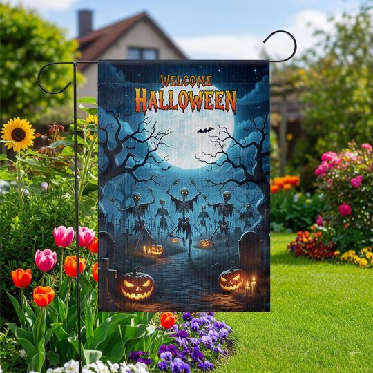 Halloween Garden Flag: Skeleton Graveyard Decor - Spooky Fall Sign