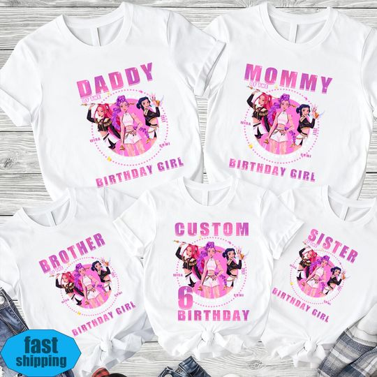 Discover Custom Huntrix Birthday Girl Shirt,Custom Kids Family Birthday Shirt,Personalized Kpop Demon Hunter Name And Age Tee,Gift for Huntrix Fan