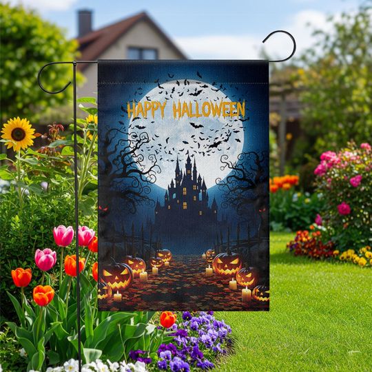 Discover Halloween Garden Flag: Haunted Castle, Spooky Pumpkin Decor