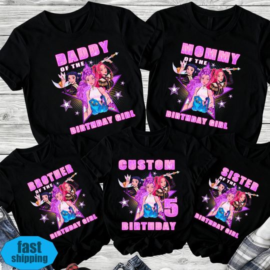 Discover Custom Huntrix Birthday Girl Shirt,Custom Kids Family Birthday Shirt,Personalized Kpop Demon Hunter Name And Age Tee,Gift for Huntrix Fan
