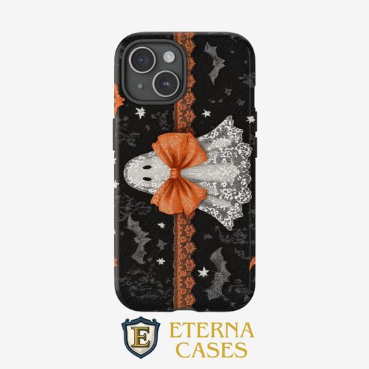Discover Halloween Ghost iPhone Case Cute Lace Bow Black Orange Spooky Bat Design Glossy Protective Phone Cover Shockproof Case iPhone 15 14 13