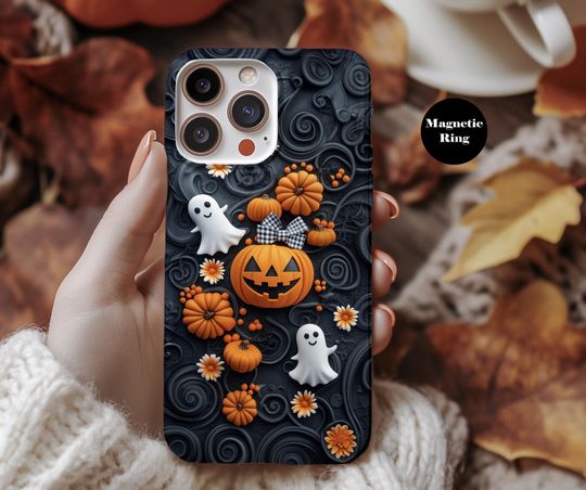 Discover Halloween Pumpkin and Ghost iPhone Case  3D Look with Plaid Bow  MagSafe Compatible  Cute Fall iPhone 16 Case ps33 iPhone 17