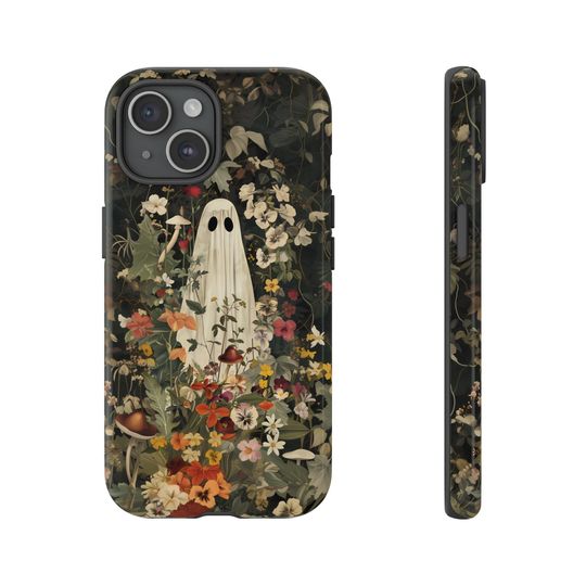 Ghost And Flowers Phone Case iPhone 15, iPhone 14, iPhone 13, Samsung Galaxy, Google Pixel, Grunge Goth Phone Case, Cute Spooky Ghost