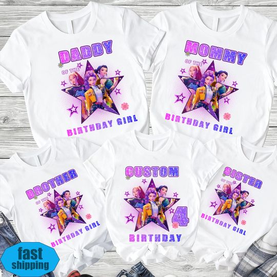 Discover Custom Huntrix Birthday Girl Shirt,Custom Kids Family Birthday Shirt,Personalized Kpop Demon Hunter Name And Age Tee,Gift for Huntrix Fan
