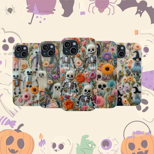 Discover Halloween Phone Case, Bloom Flowers, Skeletons, Witches, Skull, Zombie, Ghosts, iPhone 16 15 14 13 12 11 X Pro Max Plus Mini, Samsung Galaxy