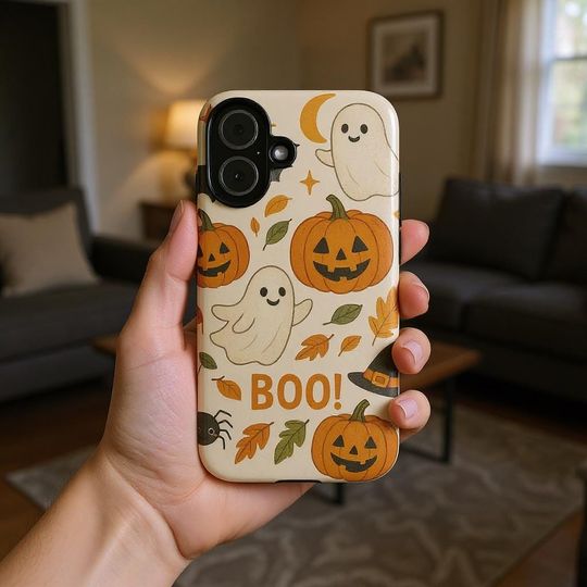 Discover Cute Halloween iPhone Case, Ghosts, Pumpkins, Leaves and Boo! Design for iPhone 8 11 12 13 14 15 16 | Matte and Glossy Options