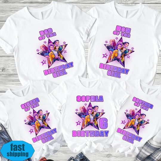 Discover Custom Huntrix Birthday Girl Shirt,Custom Kids Family Birthday Shirt,Personalized Kpop Demon Hunter Name And Age Tee,Gift for Huntrix Fan