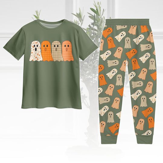 Cute Ghost T-Shirt and Pants Set, Halloween Plaid Ghost Pajamas for Women