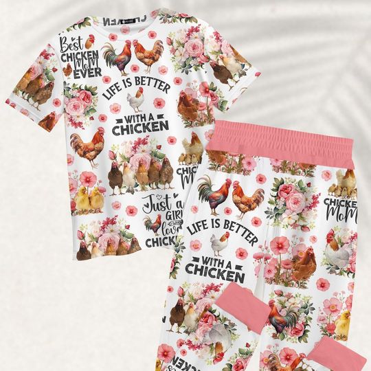Chicken Lover Pajama Set, Funny Chicken Mom PJs, Floral Farm Animal Women’s Sleepwear
