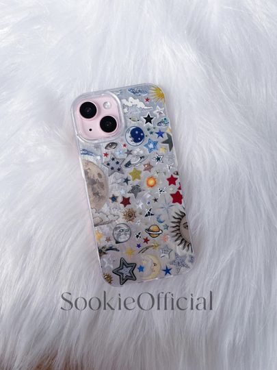 Retro Celestial Galaxy iPhone Case, Shiny Planet Anime Pattern