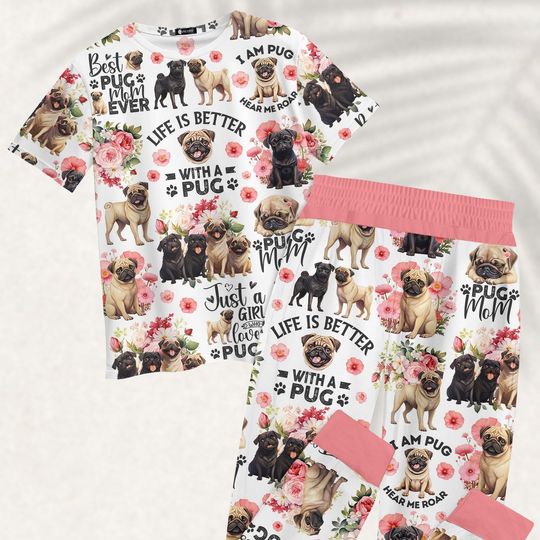 Pug Dog T-Shirt and Pant Pajama Set, Cute Pug Mom Sleepwear