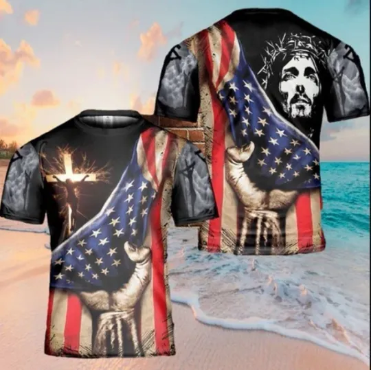 Discover Jesus Christ American Flag Cross All Over Print 3D T-Shirt, Gift For Christian,