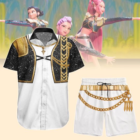 Halloween Rumi Kpop Demon Hunters Cosplay Costume, Black Golden Rumi Button Shirt, Unisex Shorts, Kpop Hawaiian Shirt, Huntrix Outfits