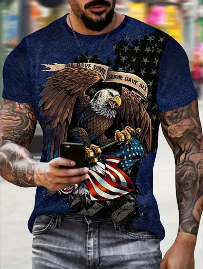 Discover USA Patriotic Eagle & Flag 3D Print Men’s Short Sleeve Crew Neck T Shirt Medium