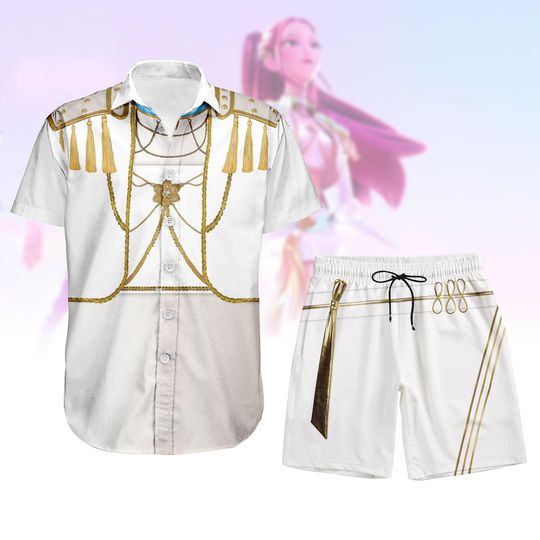 Mira Kpop Demon Hunters Cosplay Costume, Golden Mira Button Shirt, Halloween Shorts, Kpop Huntrix Hawaiian Shirt, Huntrix Kpop Outfit