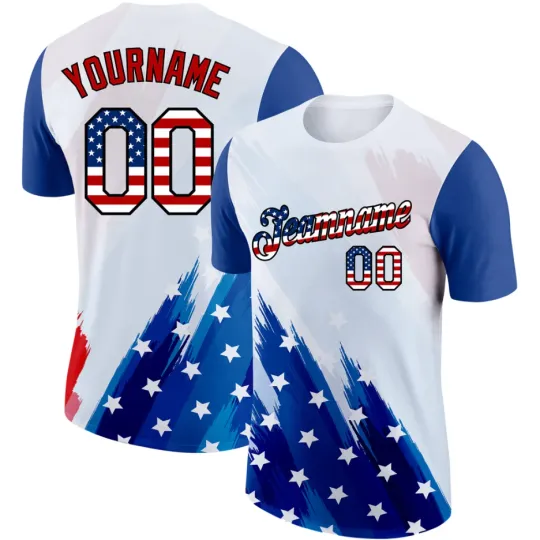 Discover Custom White USA Flag Royal 3D American Flag Performance T-Shirt