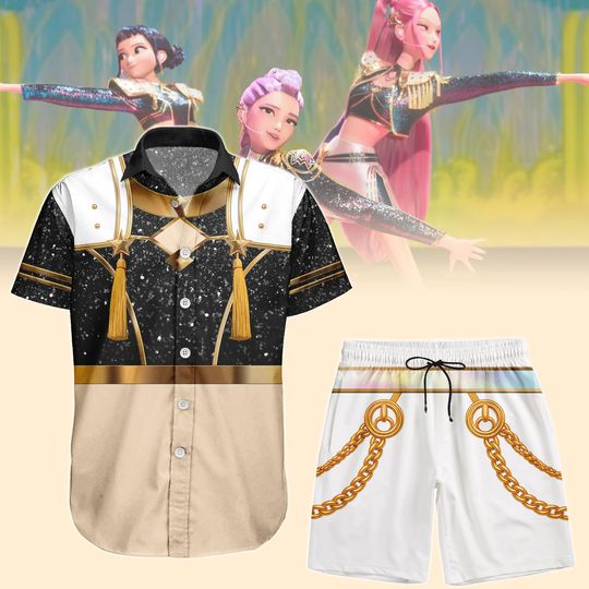 Halloween Zoey Kpop Demon Hunters Cosplay Costume, Black Golden Zoey Button Shirt, Unisex Shorts, Kpop Hawaiian Shirt, Huntrix Outfits