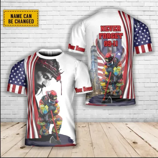 Discover Custom Name Firefighter 911 Day Jesus American Flag AOP 3D T-Shirt