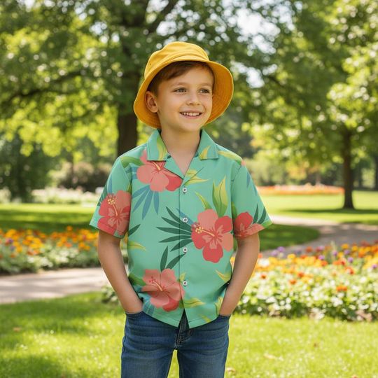 Discover Kids Hibiscus Hawaiian Shirt, K-Pop Floral Button Up, Mint Green Tropical Summer Shirt, Youth cosplay Costume, Fan Gift