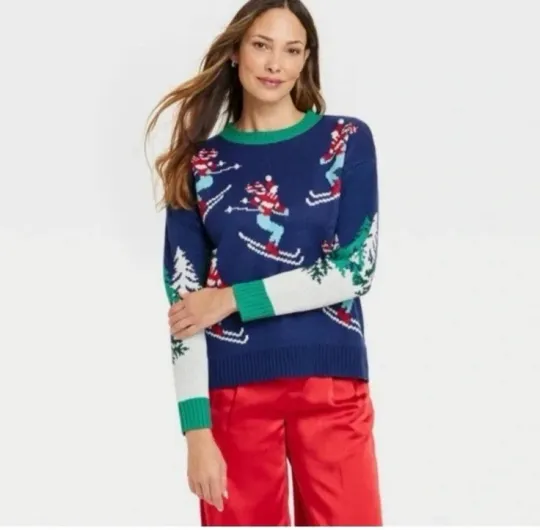 33 Degrees Ski Graphic Sweater Medium Pom Poms Ugly Christmas Sweater Winter