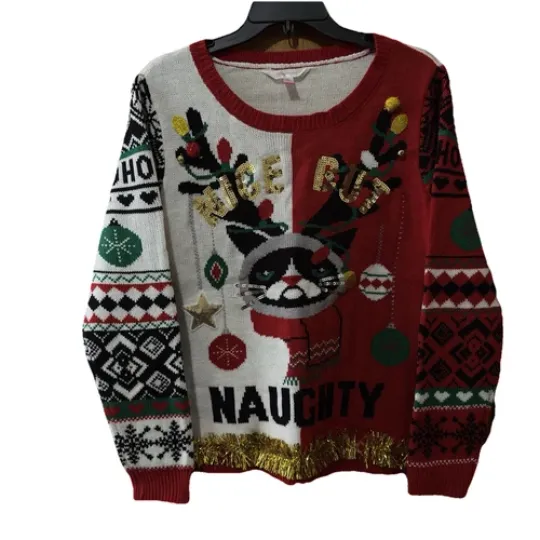No Boundaries Ugly Sweater Large 11-13 Cat Christmas Nice But Naughty Kitten
