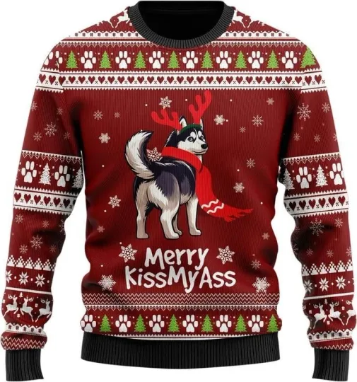 Husky Naughty Dog Ugly Christmas Sweater, Love Husky Dog Ugly Xmas Sweater