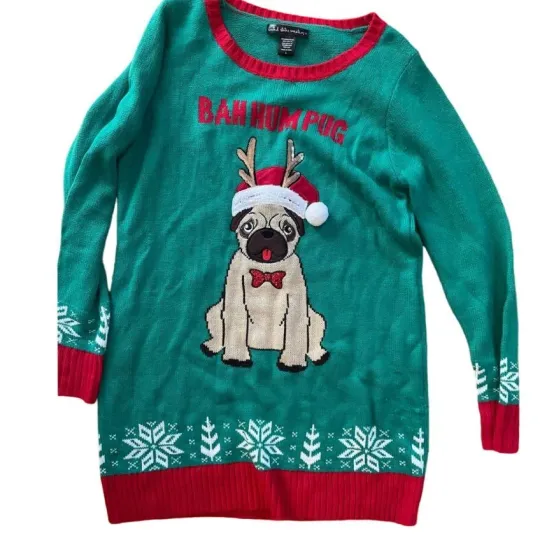 United States Sweaters Ugly Christmas Women Large Pug Dog Bah Hum Sweater